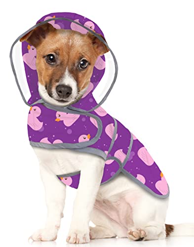 Clear Hooded Dog Raincoat Jacket Poncho with Dog Leash Hole Pr Duck M (Medium / Ducks Purple)
