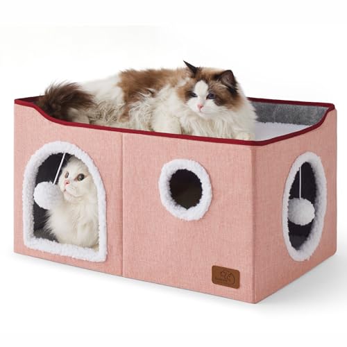 Extra Wide Cat House Bed with Fluffy Ball and Scratch Pad (Pink / Widen)