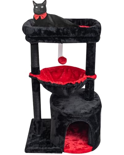 Gothic Cat Tree with Coffin Bed for Indoor Cats (29.6" / Black & Red)