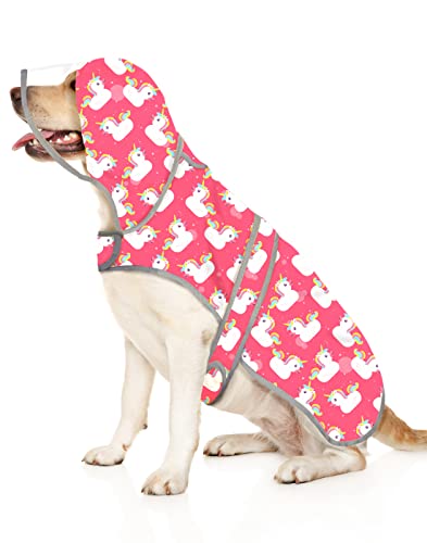 Clear Hooded Dog Raincoat Jacket Poncho with Dog Leash Hole Pink L (Large / Unicorn Ducks Pink)