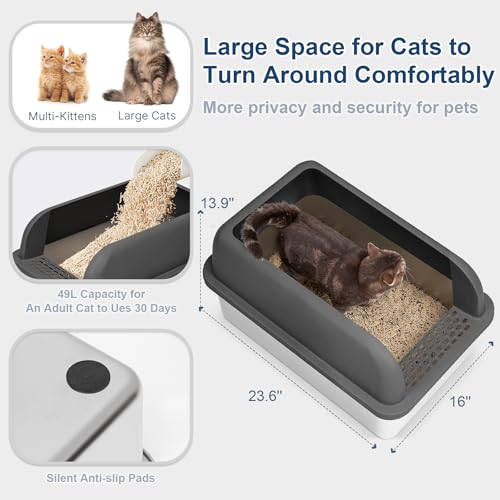 XL 8" Deep Enclosed Stainless Steel Cat Litter Box for Big Cats (Charcoal Gray & Sliver / X-Large)