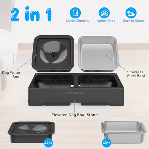 2-in-1 Elevated Dog Bowls 4 Height Adjustable Raised Dog Bowls (Black / No Spill Water Bowl)