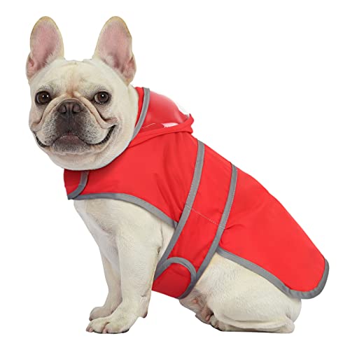 Clear Hooded Dog Raincoat Jacket Poncho with Dog Leash Hole Red M (Medium / Red)