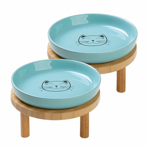 Shallow Wide Elevated Cat Bowls Whisker Fatigue (Blue)