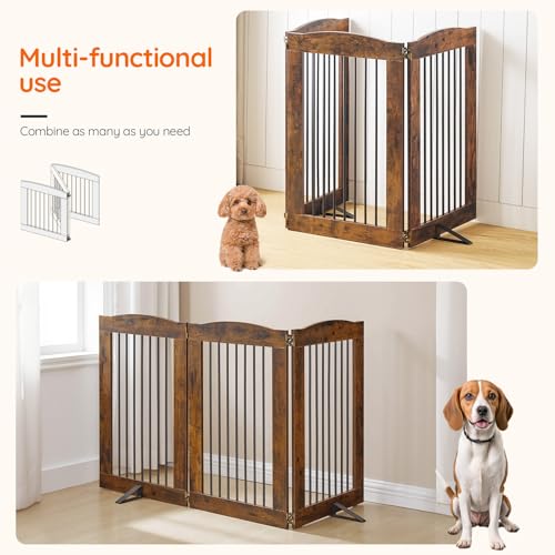 Indoor Dog Gate with Support Feet (Rustic Brown / 【3 Panels】61.4"L x 31.5"H)