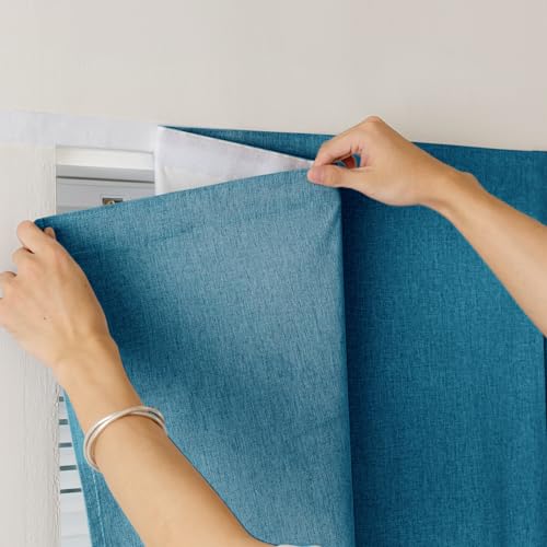 100% Blackout Magic Tape Stick On Curtains Window Shades Pull Down Blackout Window Cover No Drillng Self Adhesive Curtains No Rod Small Windows (35"W x 60"L (Pack of 1) / Stone Blue)