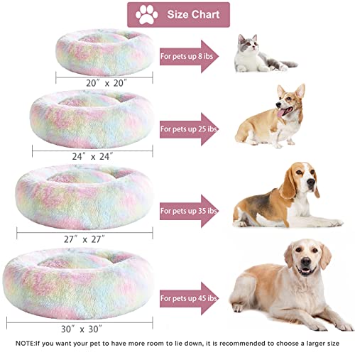 Medium Round Calming Dog Bed Cat Bed for Comfy Sleep (30"L x 30"W x 10"Th / Rainbow)