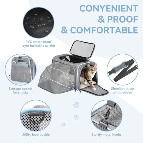 Small Expandable Cat Carrier for Air Travel (16"L x 10"W x 9"H / Light Gray)