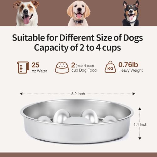 Slow Feeder Dog Bowl for Fast Eating Dogs Heavy Duty Stainless Steel 8.2" with Non (Metallic / 2 Cups)