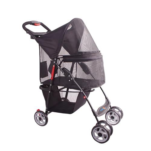 Full Window pet Stroller 4 Wheels for Cats & Dogs (4 Wheels / Black)