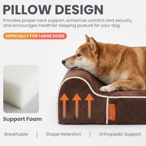 Orthopedic Memory Foam Dog Bed with Pillow and Durable Water Proof Liner & Removable Washable Cover & Smart Design Medium (34.0"L x 22.0"W x 5.5"Th / Chocolate)