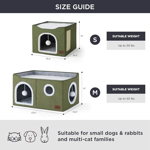 Extra Wide Cat House Bed with Fluffy Ball and Scratch Pad (Loden Green / Widen)