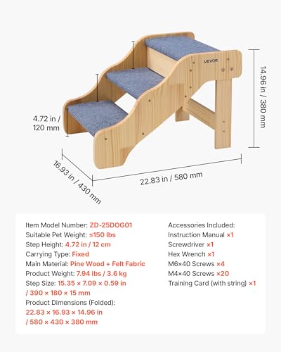 Wood Pet Stairs (Wood Color+Blue / 3-Step Fixed)