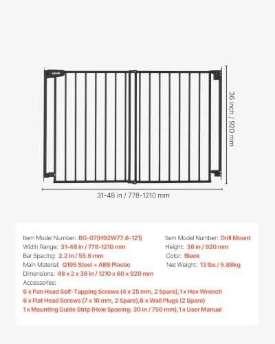 Pet Gate for Stairs (Black / 31-48" Wide x 36" Tall)