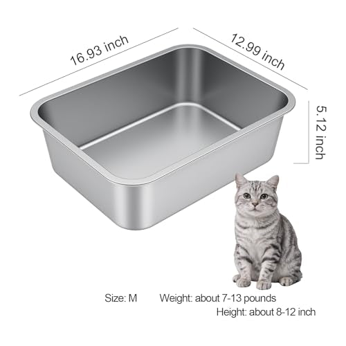 Stainless Steel High Sided Cat Litter Box (16.93"L x 12.99"W x 5.12"H)