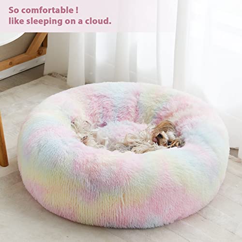 Large Round Calming Dog Bed Cat Bed for Comfy Sleep (36"L x 36"W x 10"Th / Rainbow)