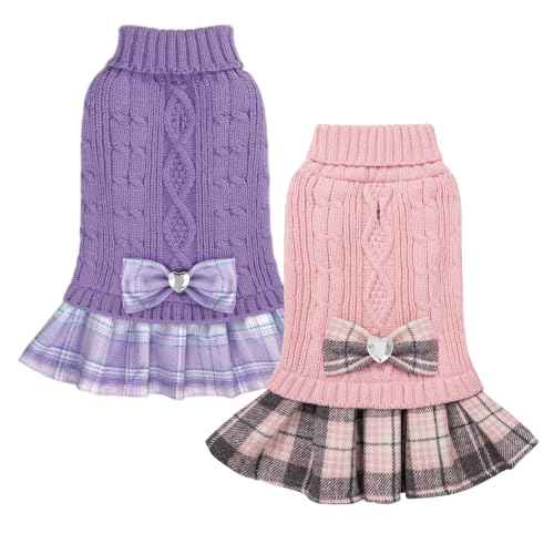 2 Pack Small Dog Sweater Dress with Bowtie Turtleneck (Small (5-8lbs) / Pink+Purple)