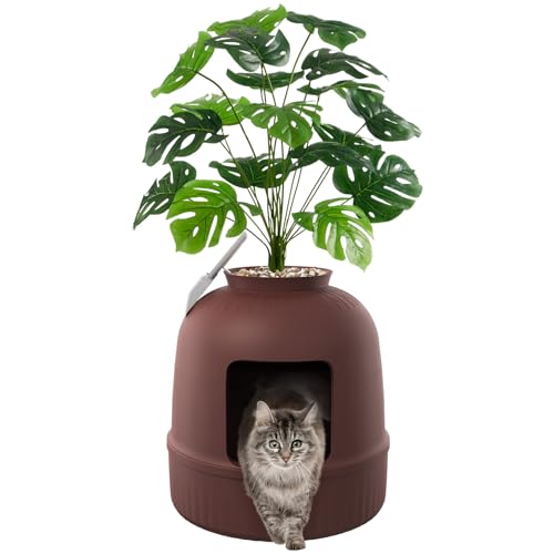 Hidden Plant Cat Litter Box with Plastic Scoop (Brown)