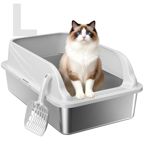 High Sided Stainless Steel XL Cat Litter Box for Cats (Grey L)