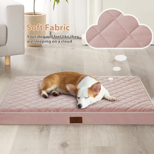 Orthopedic Waterproof Large Dog Bed for Crate Cozy Sleep (Pink / 35"L x 22"W x 3"Th)