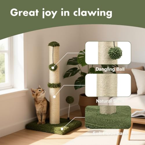 Cat Scratching Post Premium Basics Kitten Scratcher Sisal Scratch Posts with Hanging Ball 22in for Kittens or Smaller Cats (22 inches for kitten / Cactus Green)