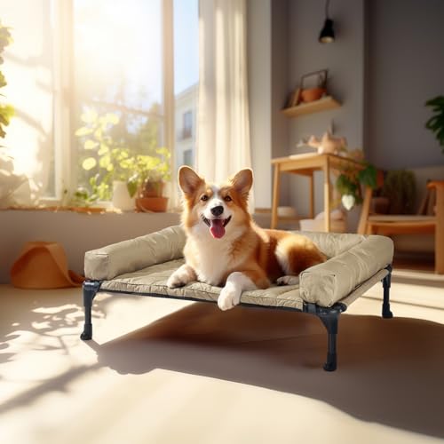 Outdoor Elevated Dog Bed with Waterproof Bolster Cushion (Beige Coffee / 32.0"L x 25.0"W x 7.0"Th)