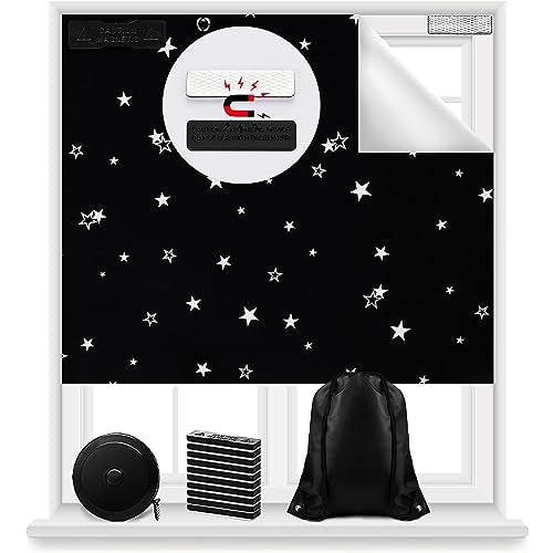 Magnetic Blackout Shades Temporary Blackout Curtains 100% Blackout Blind Window Cover for Windows and Doors (Black - Moon & Stars / 57"W x 118"H)