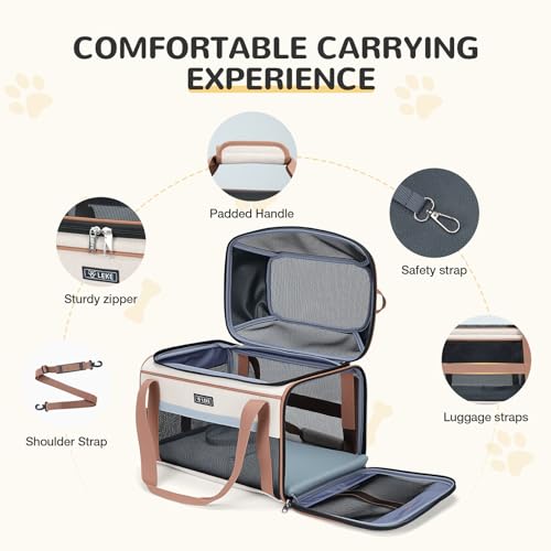 Top Expandable Pet Carrier 17x11x9.5 Inch Alaska Hawaiian Airline Approved Soft Sided Underseat to 12lbs Travel Carriers for Small Dogs and Cats with Locking Safety Zippers Anti (Khaki)