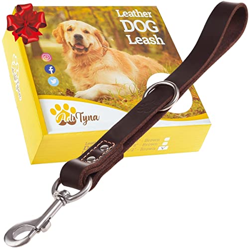 Short Leather Dog Leash 12" Length x 1" Wide (15" long x 1" width / Brown)