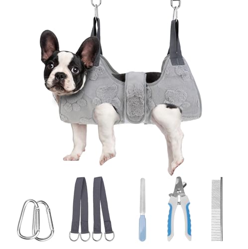 Dog Grooming Hammock Harness for Dogs & Cats with Pet Nail Clipper Trimmer (S / Grey 1)