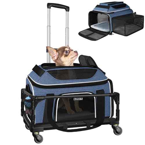 Top & Side Expandable Small Pet Carrier with Wheels Airline Approved (Blue with Wheels / 18.0"L x 13.0"W x 9.5"H)