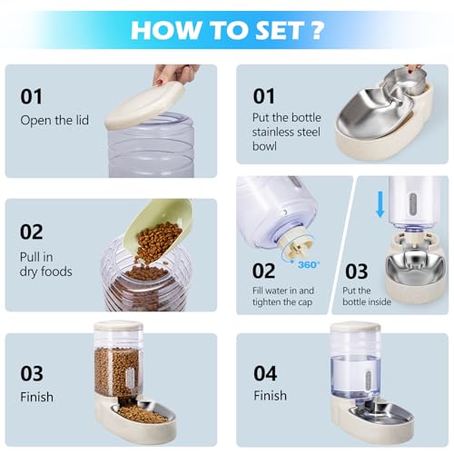 Automatic Cat Feeder and Water Dispenser with Stainless Steel Bowl Gravity Food Feeder and Waterer Set for Small Medium Dog Puppy Kitten 1 Gallon x 2 (Stainless Steel-Beige)
