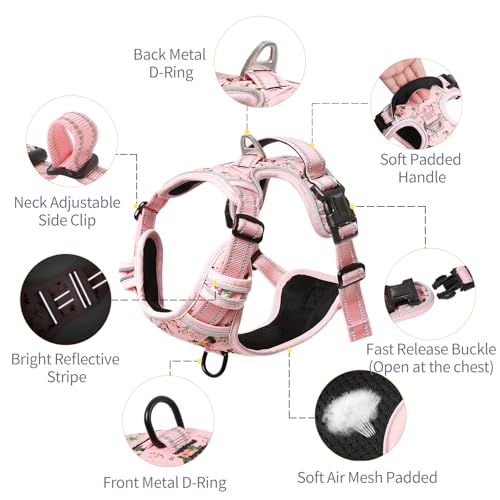 Dog Harness No Pull Adjustable Padded Reflective Harness for Small Medium Large Dogs with Handle for Walking Training (M / Flower-Pink)
