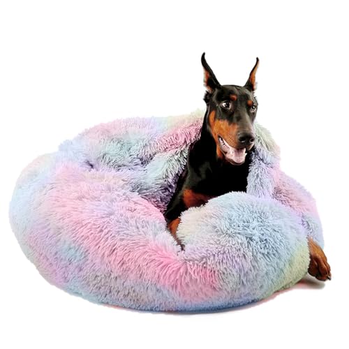 Covered Large Dog Bed with Blanket Attached Calming Burrow Multicolor (35.0"L x 35.0"W x 10.0"Th / Multicolored)