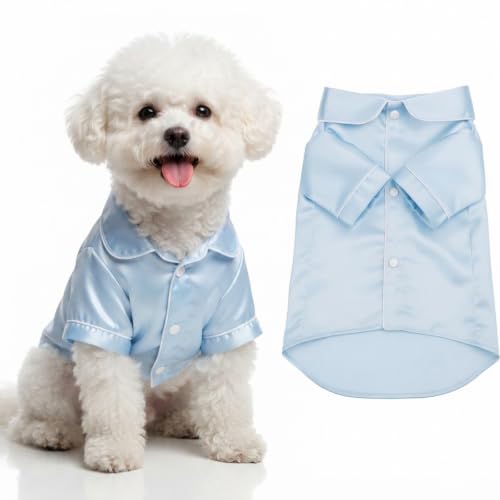 Dog Silk Pajamas Shirts Puppy Satin Pjs Pet Sleepwear Soft Faux Silk Lapel Two (M / Blue)