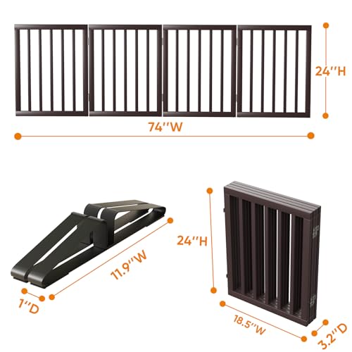 Freestanding Dog Gate Folding Brown Dog Gates for the House Doorways Stairs Pet Gates for Dogs (Bamboo Dog Gate Brown / 4 Panel - 74 inches Wide)