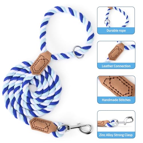 Rainbow Dog Leash Braided Cotton Rope w Leather (Blue Gradient / 72 Inch-1/2")