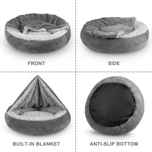 Small Dog Bed Cat Bed with Hooded Blanket (S(23" x 23" x 7") / Dark Grey)