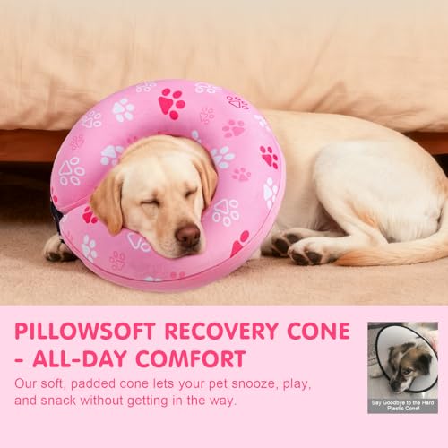 Dog Cone Collar Alternative After Surgery (Pink Paw / M(Neck:13"-16"))