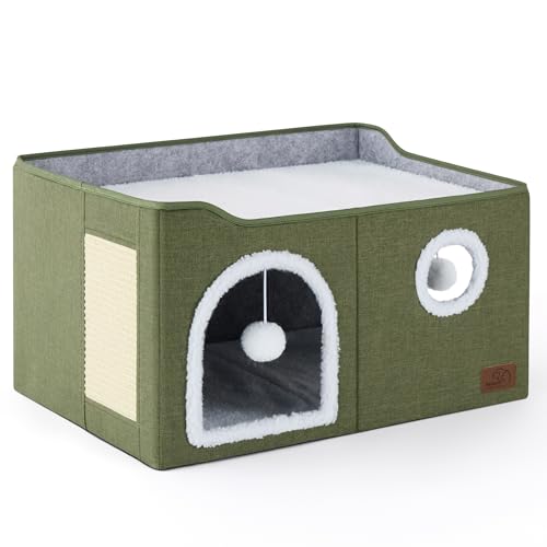 Extra Wide Cat House Bed with Fluffy Ball and Scratch Pad (Loden Green / Widen)