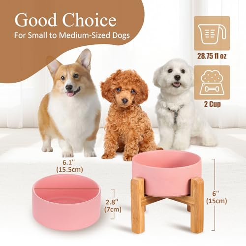 Ceramic Elevated Dog Bowl with Bamboo Stand (Medium / Pink)