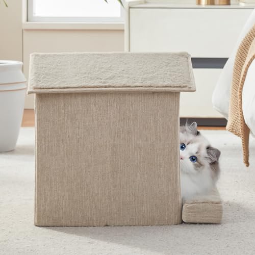 Cat Beds for Indoor Cats (Beige / 13.7"D x 13.4"W x 16"H)