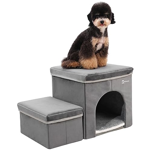 Foldable Pet Stairs with Cozy House & Storage (Dark Gray Suede)