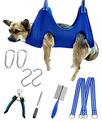 10 in 1 Dog Pet Grooming Hammock Harness with Nail Clippers (S/Under 30 lb / Blue)