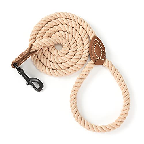 Dog Leash Braided Cotton Rope with Leather (Light Brown / 48 Inch-1/3")