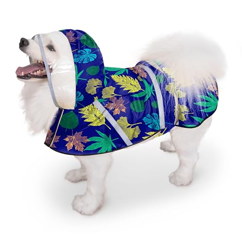 Dog Raincoat Adjustable Rain Jacket with Hooded Double Layer for Large Medium Small Dogs Puppies (Leaf Blue / Large)