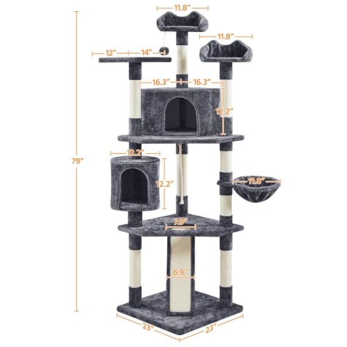 79in Multi Level Cat Tree for Multiple Cats with 9 sisal Posts (Dark Gray)