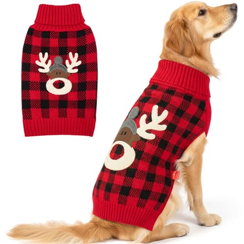 Dog Christmas Sweater for Large Dogs with Red Buffalo Plaid Reindeer (4XL (80-100lbs) / Christmas)