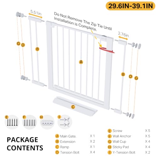 29.6 39.1 in Wide Baby Gate for Stairs and Doorways (White / 29.6-39.1"W x 28"H)