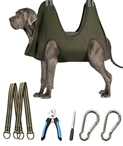 10 in 1 Pet Dog Grooming Hammock Harness with Nail Clipper (XXL+/Under 100 lb / Khaki Green)